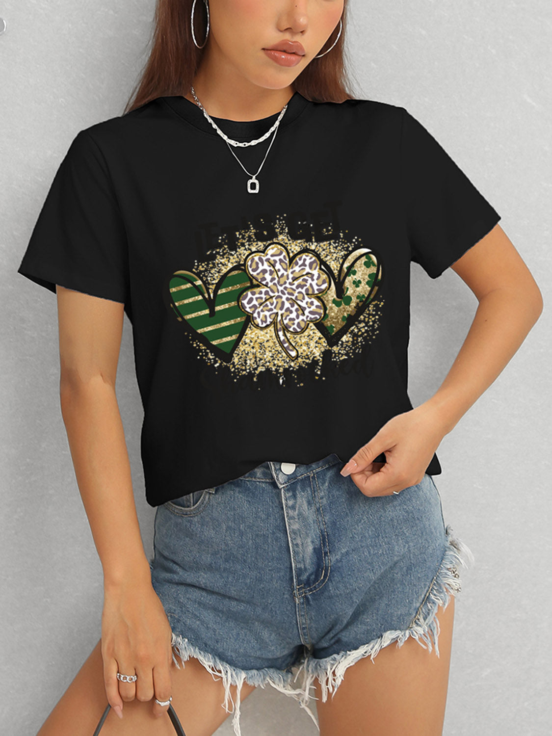 Black Shamrock T-Shirt with Denim Shorts
