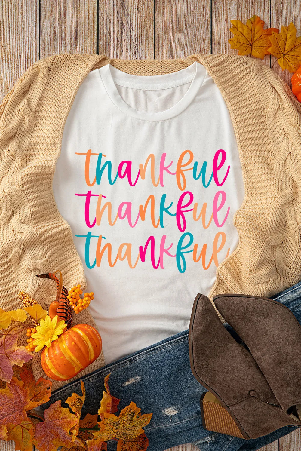 THANKFUL T-shirt styled with fall decor, colorful text.
