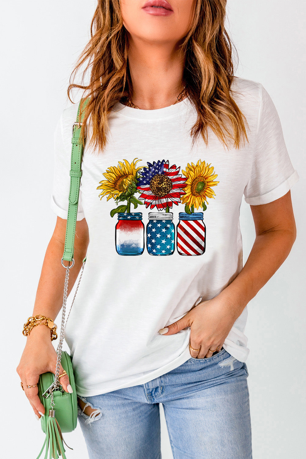 White T-shirt with sunflower and American flag jar print