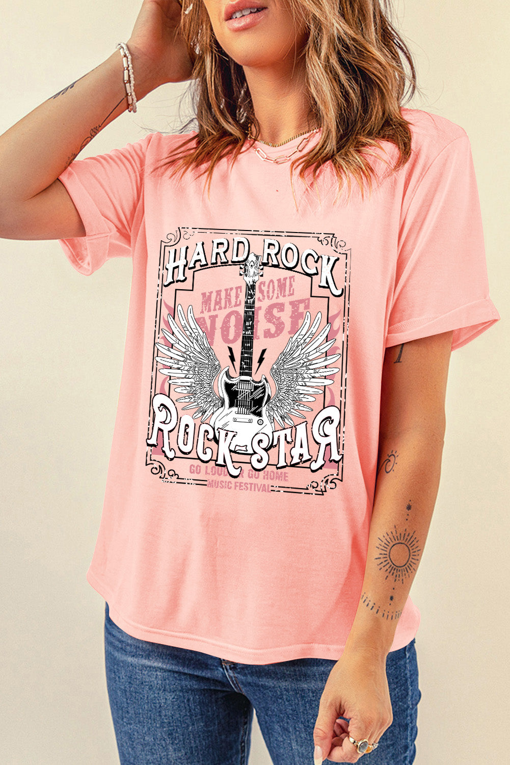 Pink graphic round neck short sleeve T-shirt, side front view