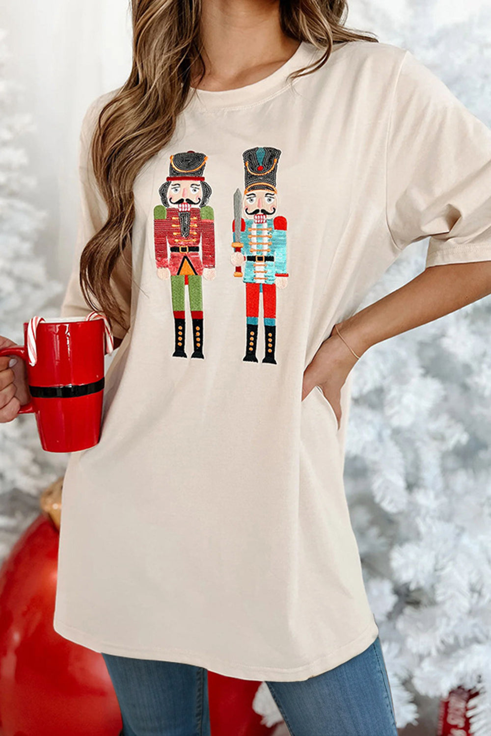 Beige Nutcracker t-shirt with mug front view