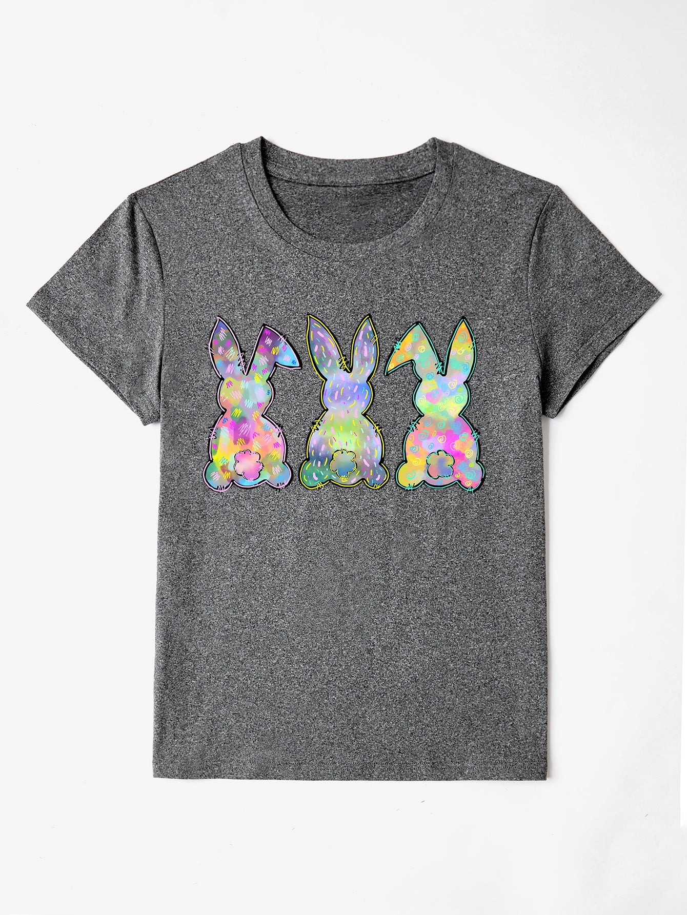 Gray rabbit print round neck short sleeve t-shirt