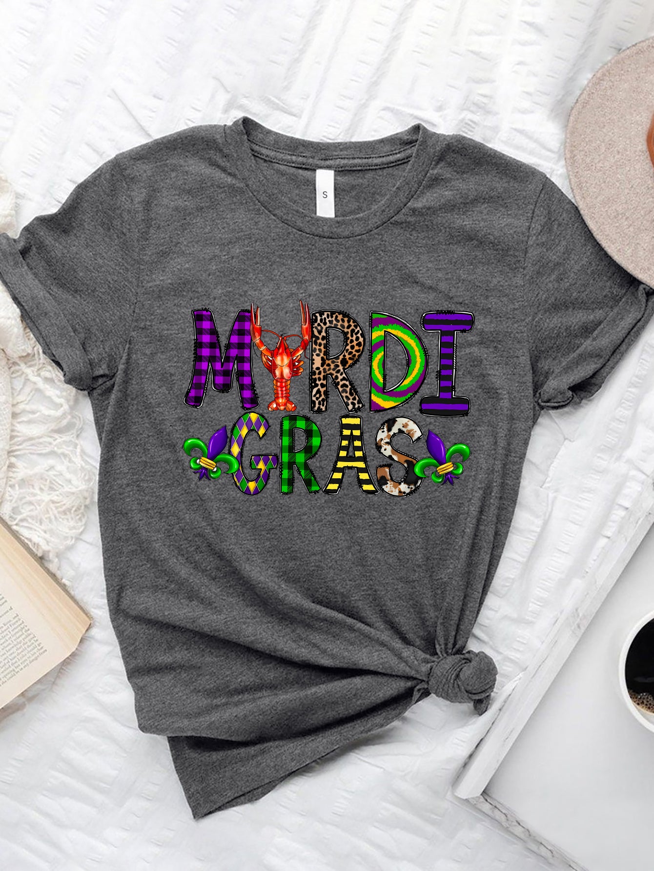 Gray Mardi Gras round neck short sleeve T-shirt