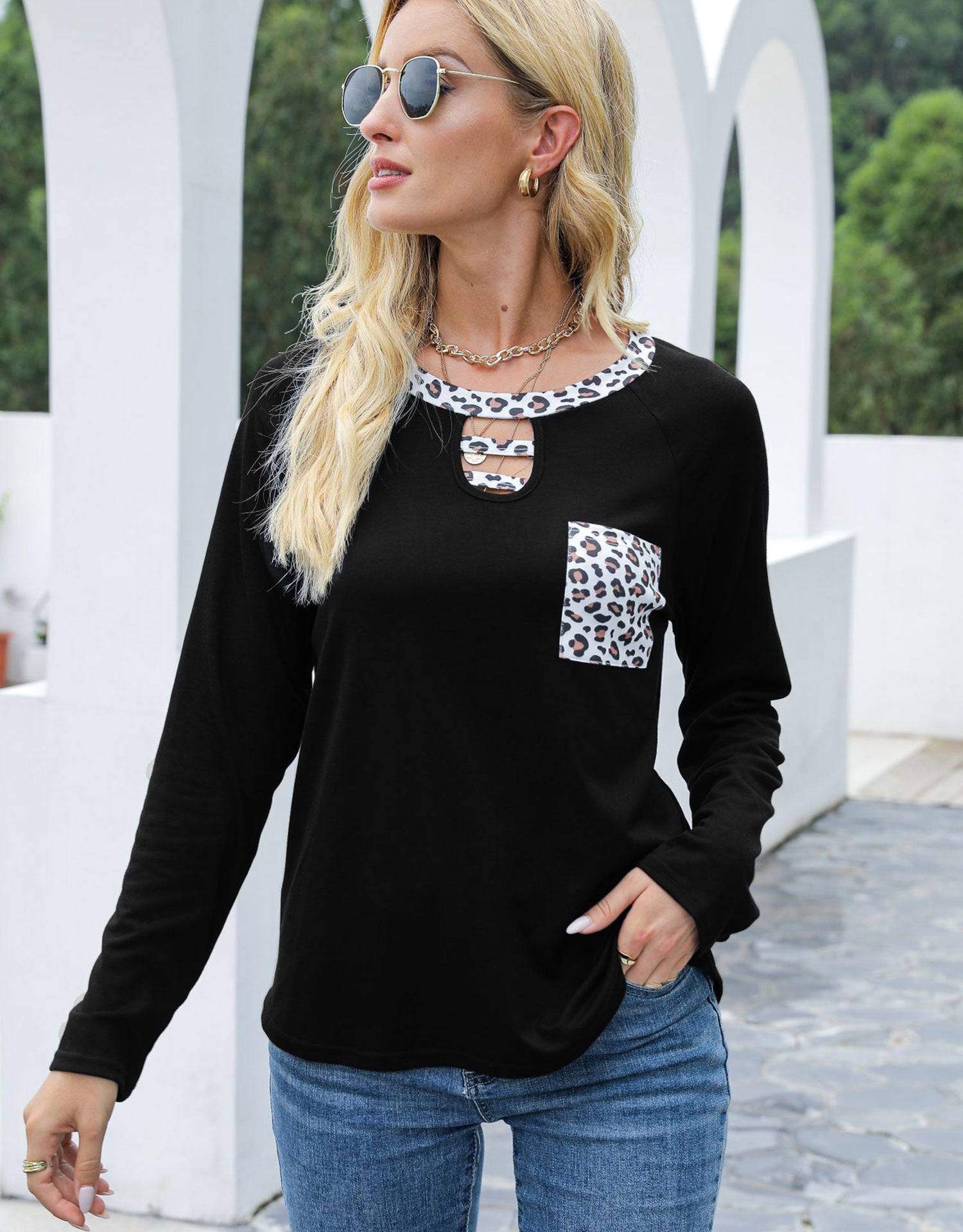 Black cutout leopard round neck long sleeve t-shirt