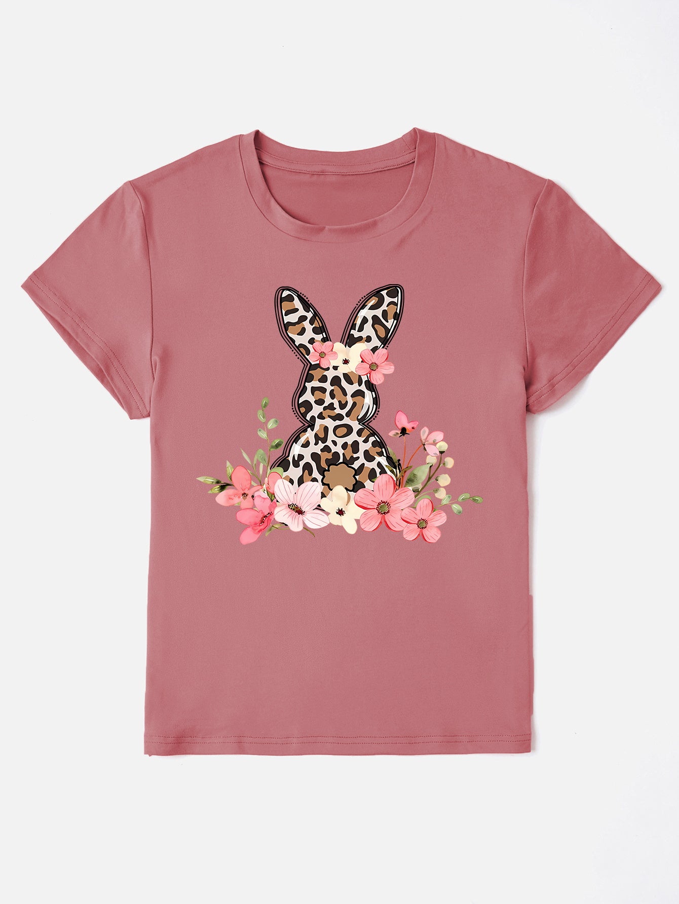 Dusty rose rabbit round neck short sleeve t-shirt with floral design