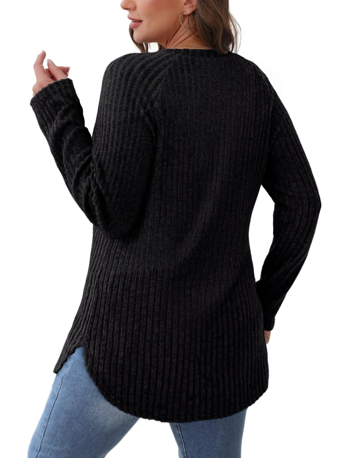 Black ribbed round neck raglan sleeve t-shirt back view