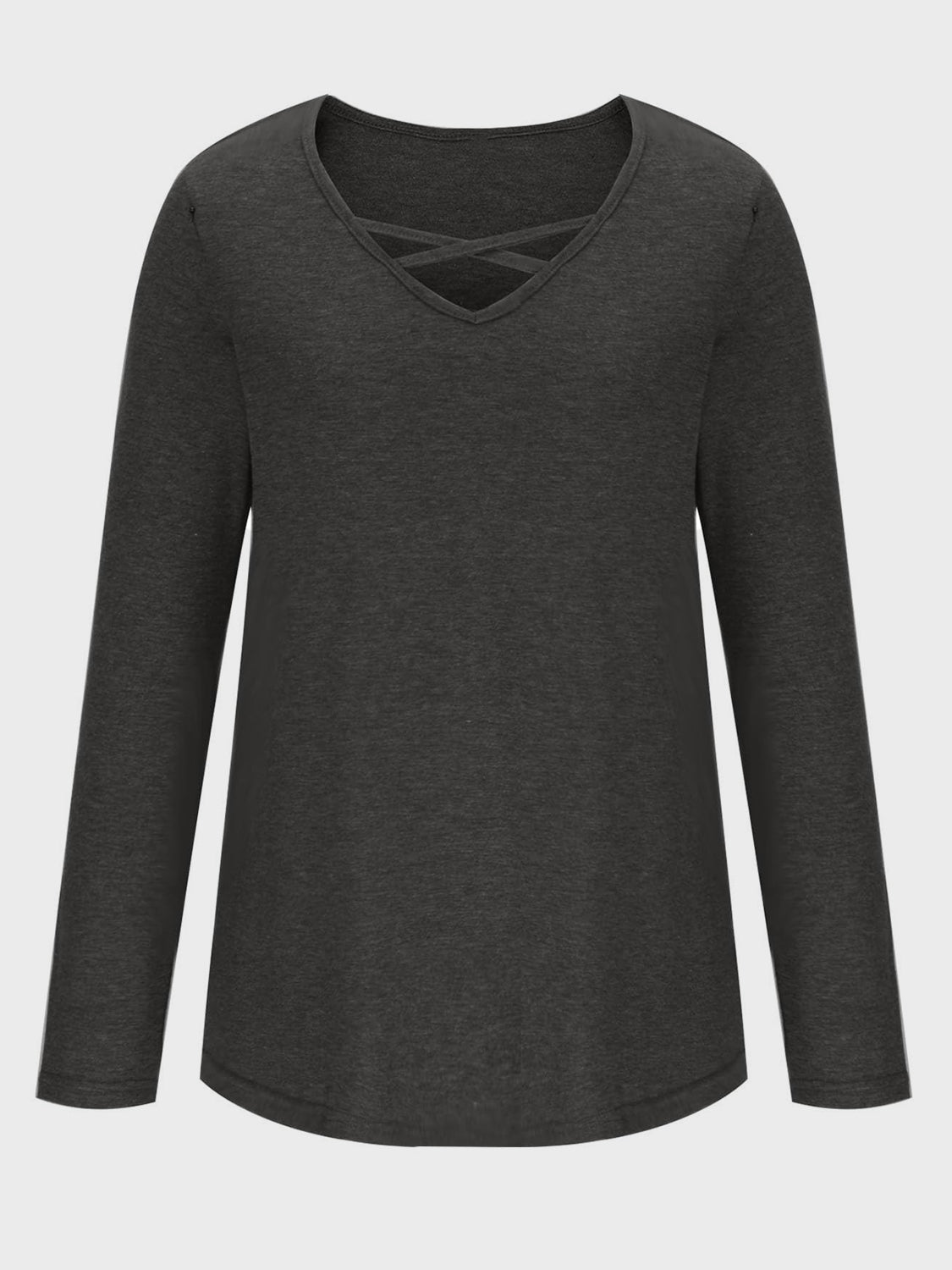 Dark gray crisscross V-neck long sleeve T-shirt, plain front view