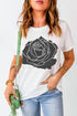 White T-shirt with black rose graphic, round neck, short sleeves