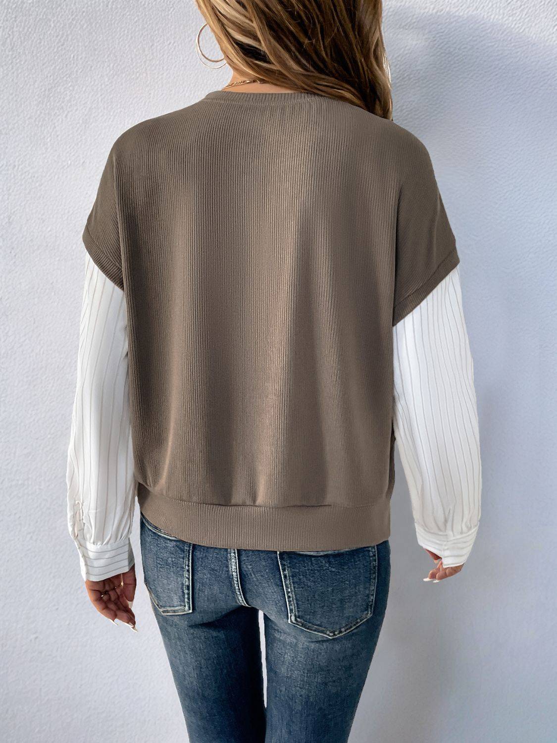 Back view of Perfee round neck striped sleeve sweatshirt