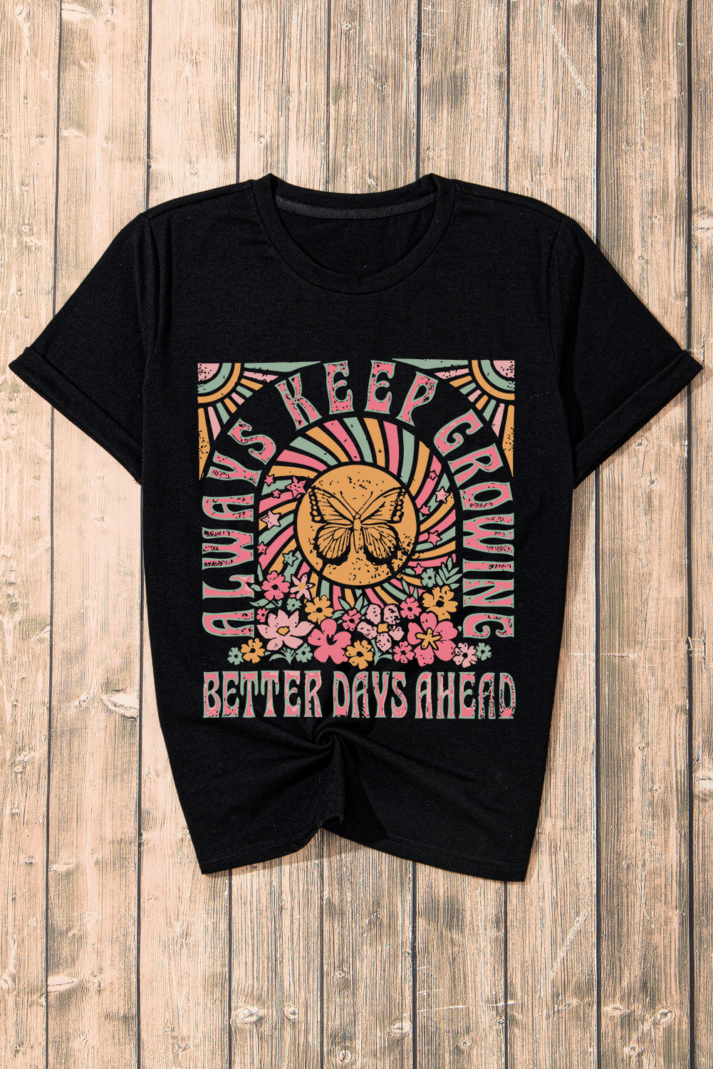 Black T-shirt with butterfly and floral print