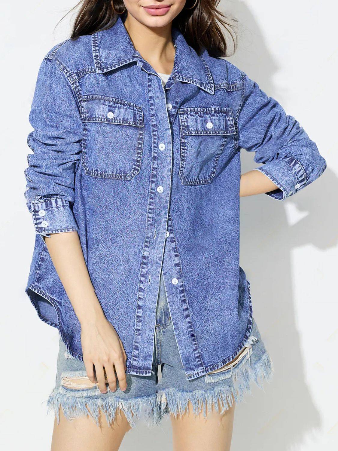 Curved hem collared neck denim top, buttoned front