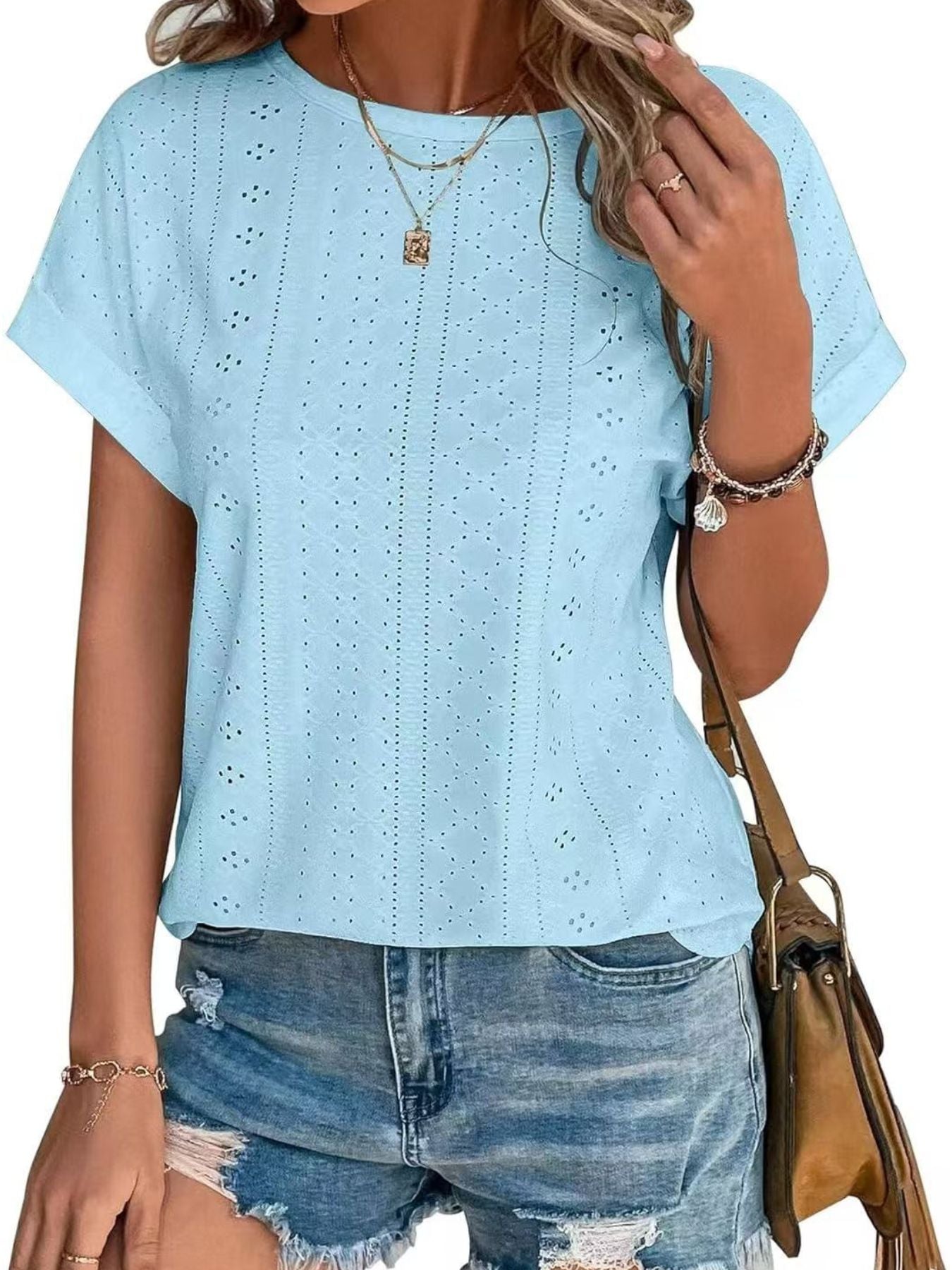 Eyelet Round Neck Short Sleeve Top