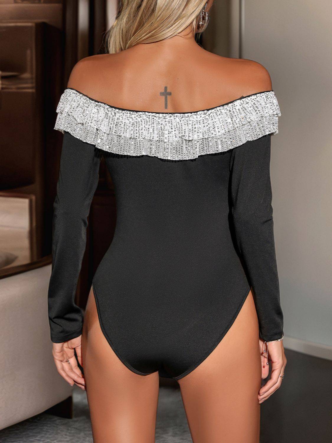 Sequin ruffled off-shoulder bodysuit, back view