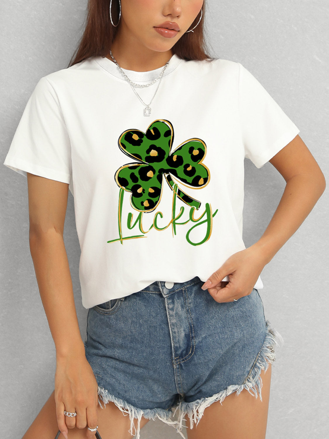 Close-up of white Lucky Clover T-Shirt design