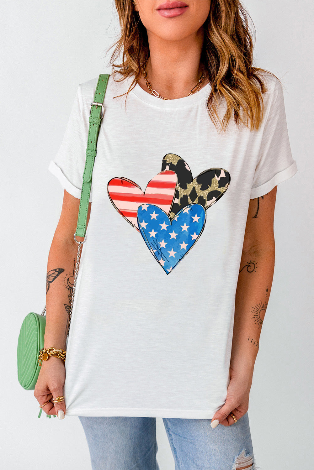 Heart round neck short sleeve T-shirt with patriotic design