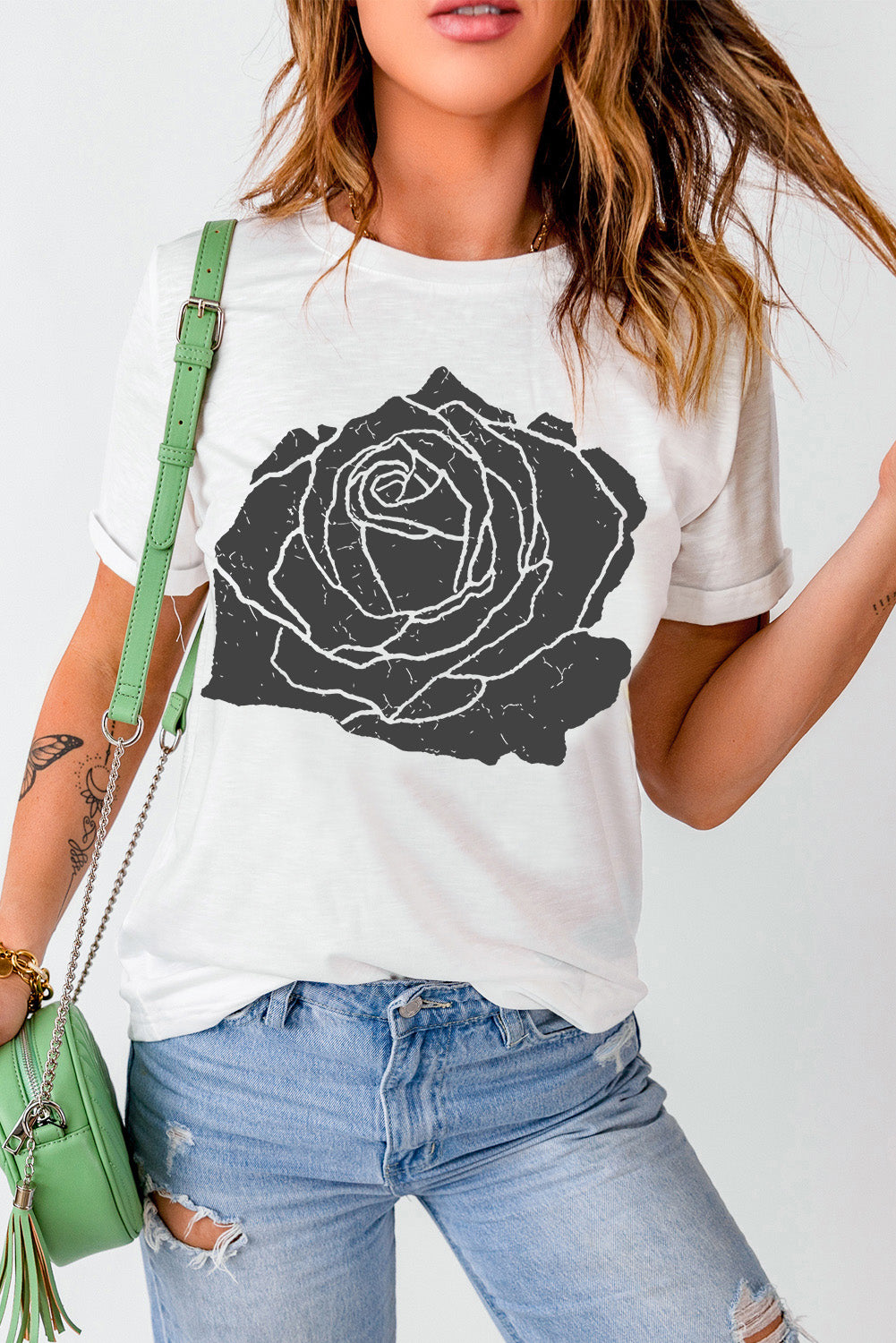 Round neck white T-shirt with black rose graphic, short sleeves