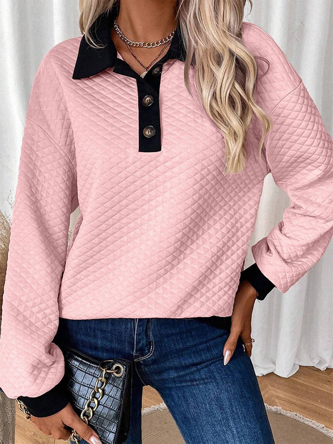 Pink texture quarter button sweatshirt, flat lay front