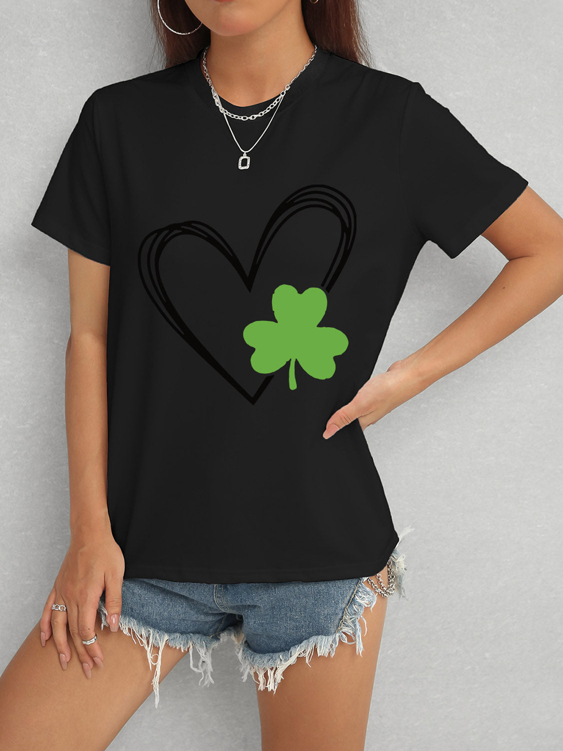 Black Heart Lucky Clover Short Sleeve T-Shirt