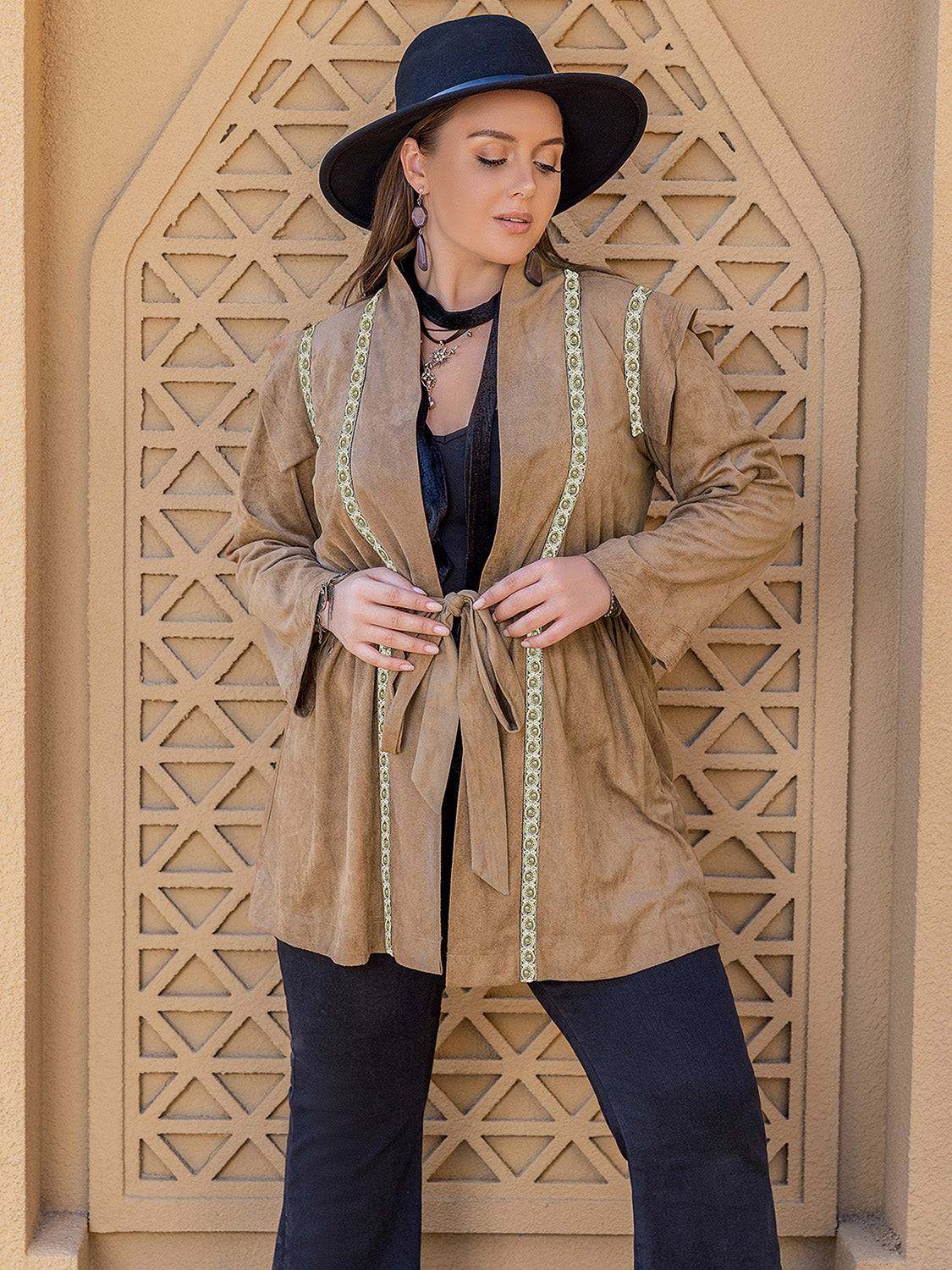 Plus size long sleeve tie waist cardigan, detailed front