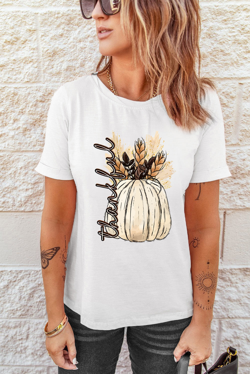 Thankful graphic round neck short sleeve T-shirt