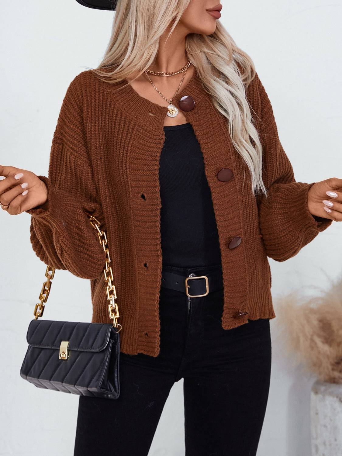 Brown button down long sleeve cardigan with black top