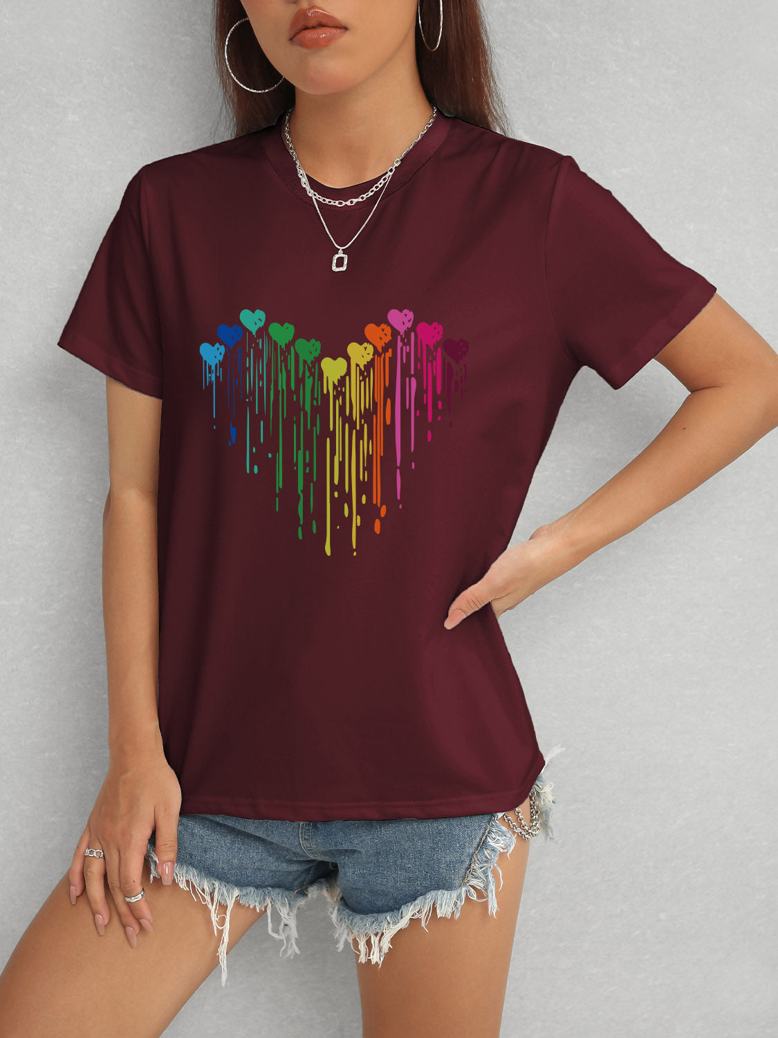 Maroon heart round neck short sleeve t-shirt with rainbow design