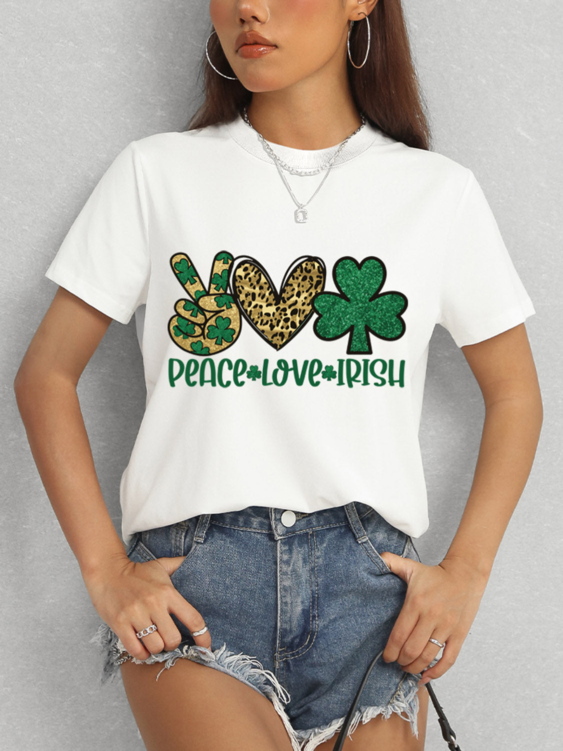 White Peace Love Irish T-Shirt styled with shorts