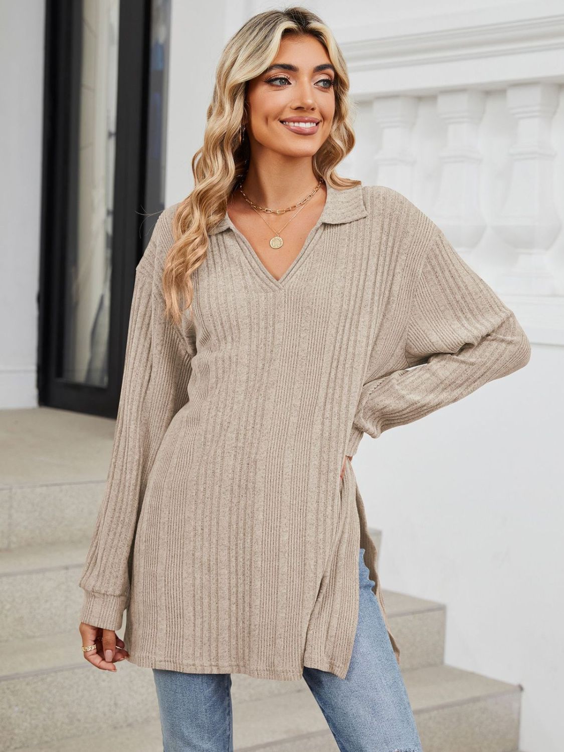 Beige slit Johnny collar long sleeve t-shirt front view