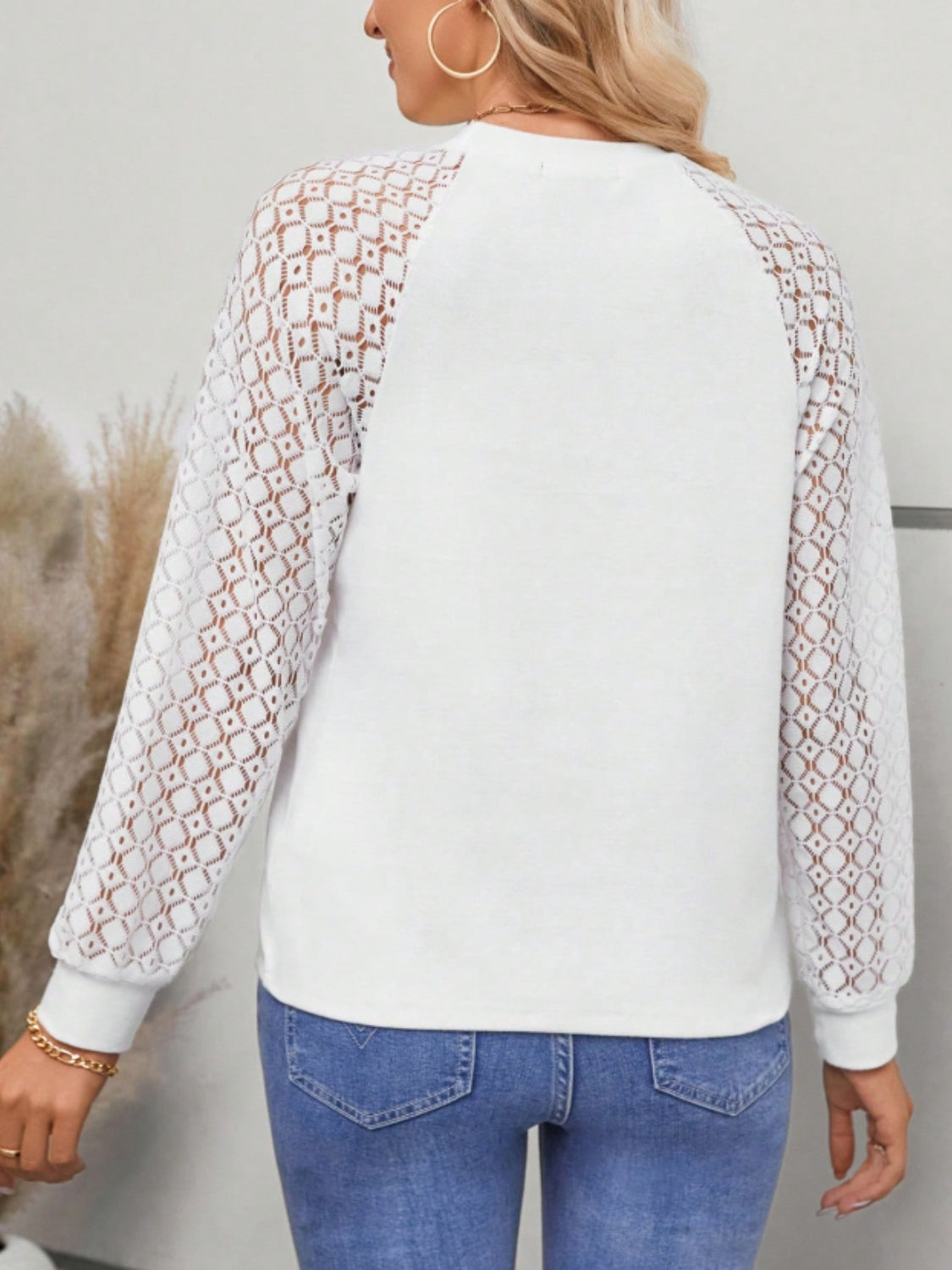 White lace raglan sleeve top with round neck, back view