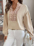 Perfee printed notched long sleeve blouse, front view