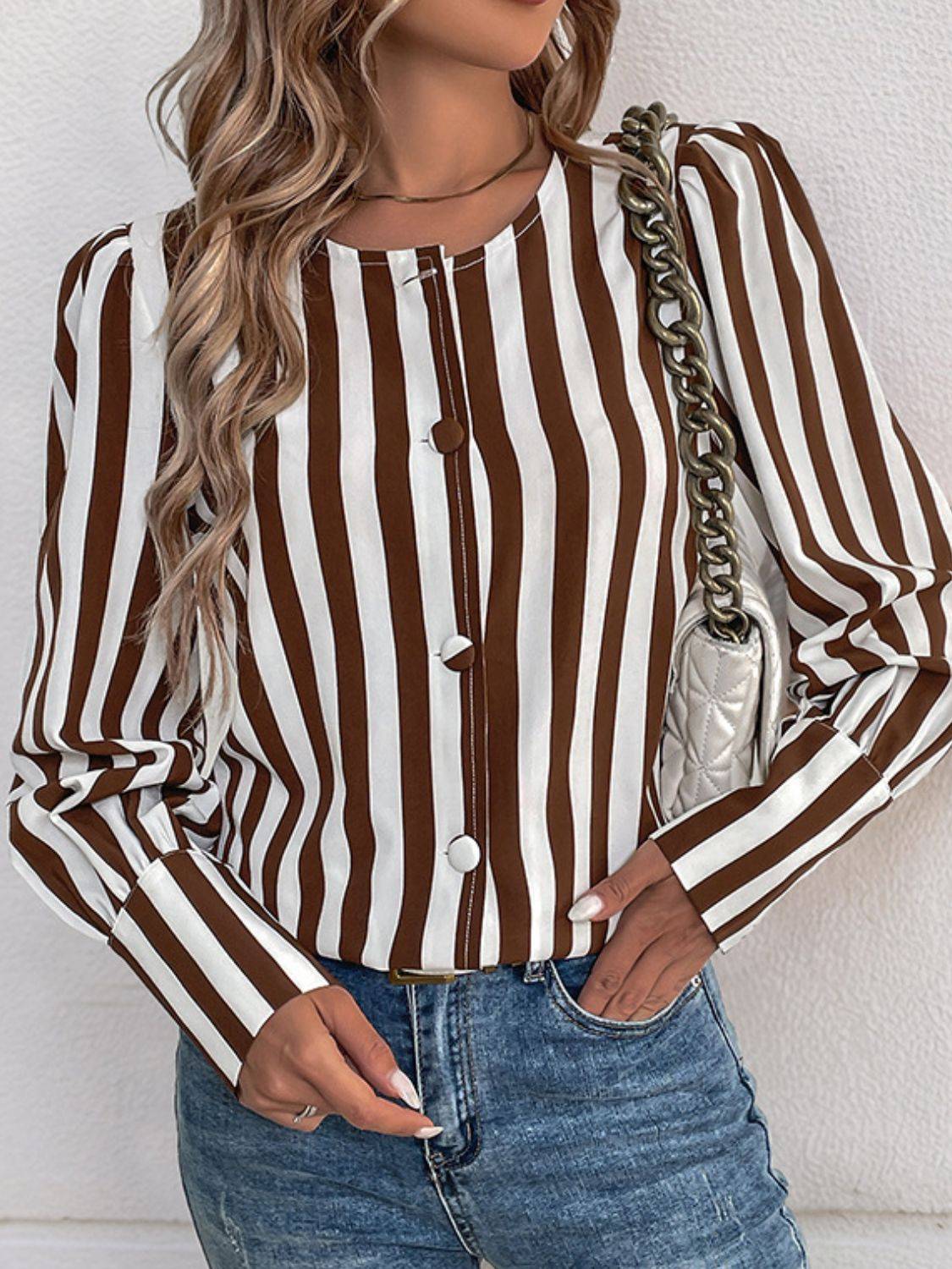 Perfee striped round neck long sleeve blouse