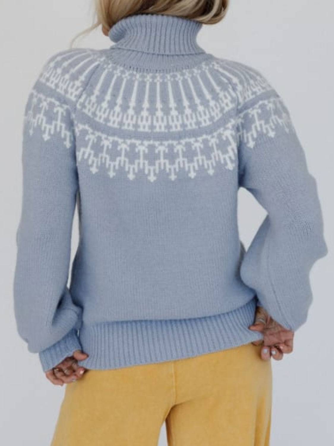 Back view of blue contrast turtleneck sweater