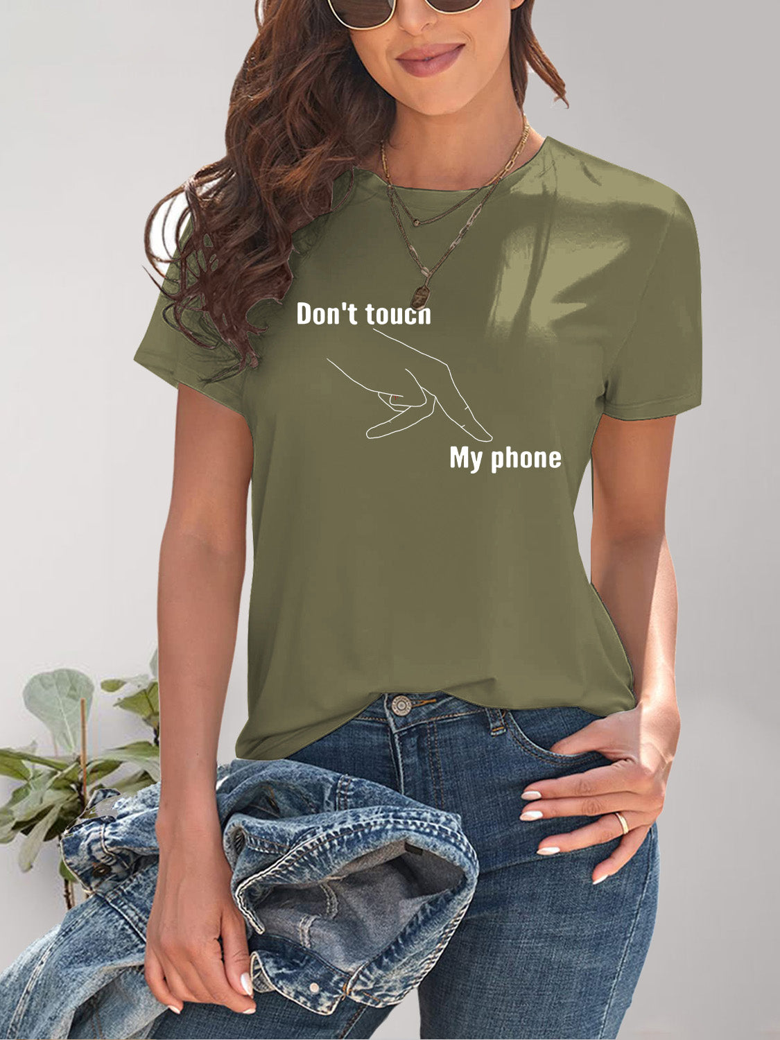 Olive green graphic T-shirt with &