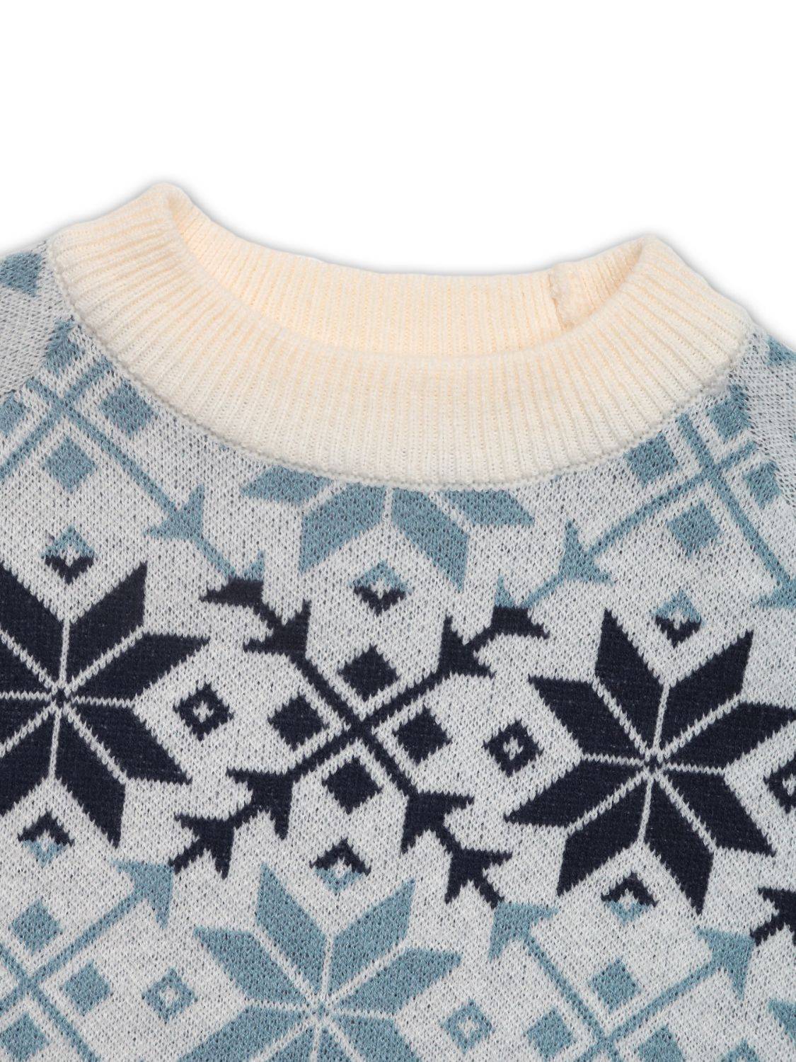Close-up of Perfee graphic sweater pattern and neckline
