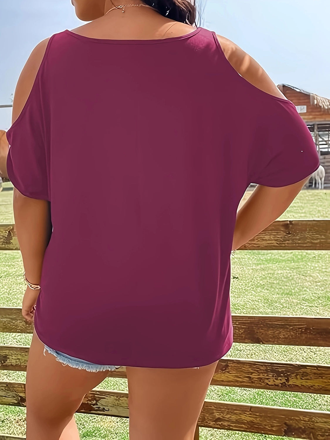 Back view of purple cold shoulder T-shirt