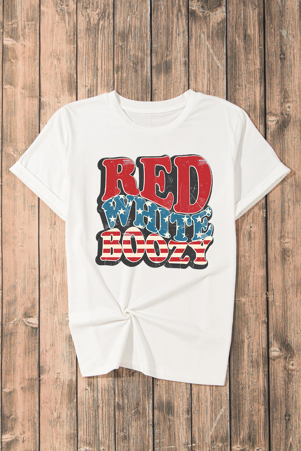 Flat lay of Red White Boozy graphic T-shirt