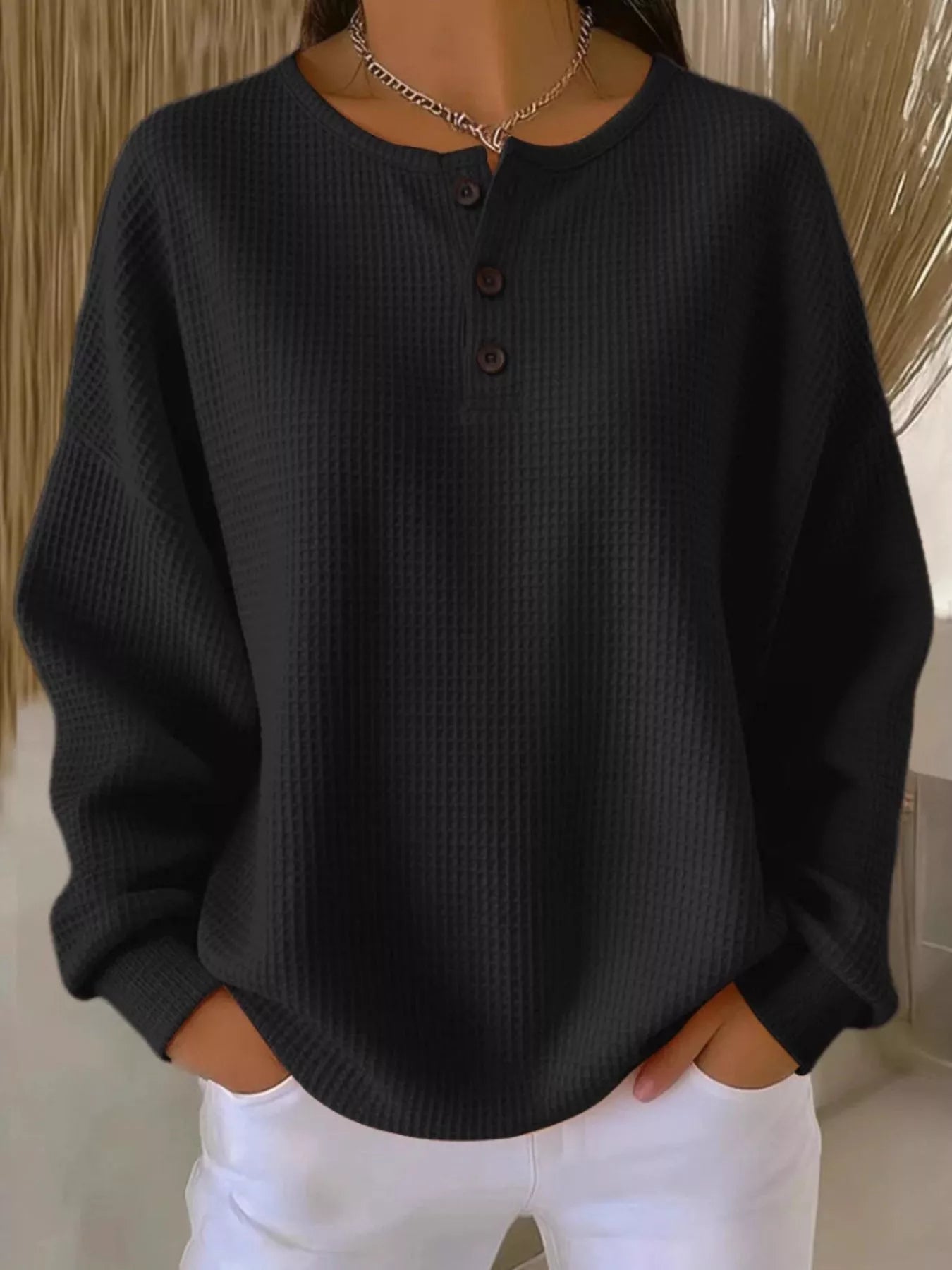 Full Size Waffle Knit Half Button T-Shirt Plus Size