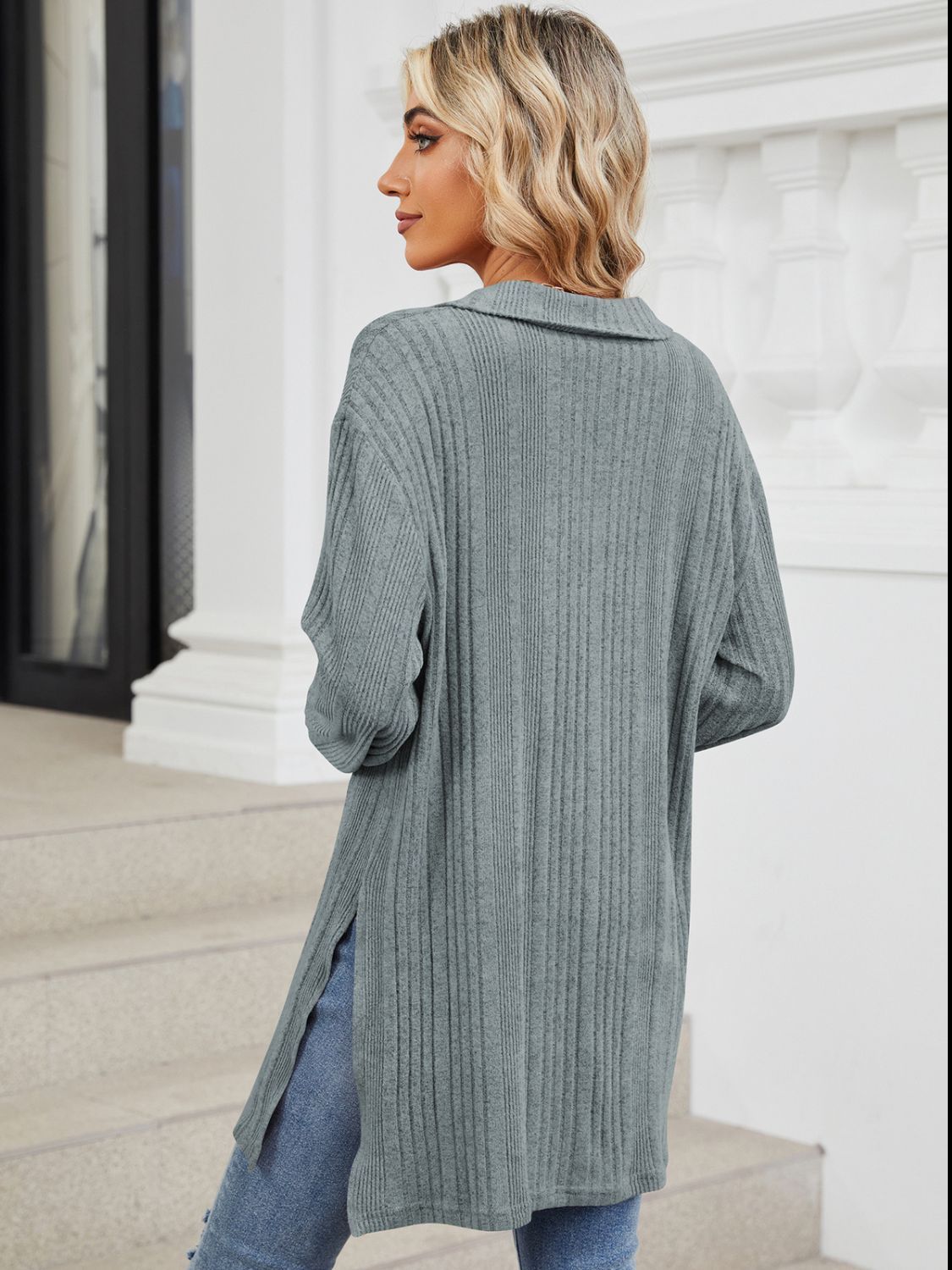 Green slit Johnny collar long sleeve t-shirt back view