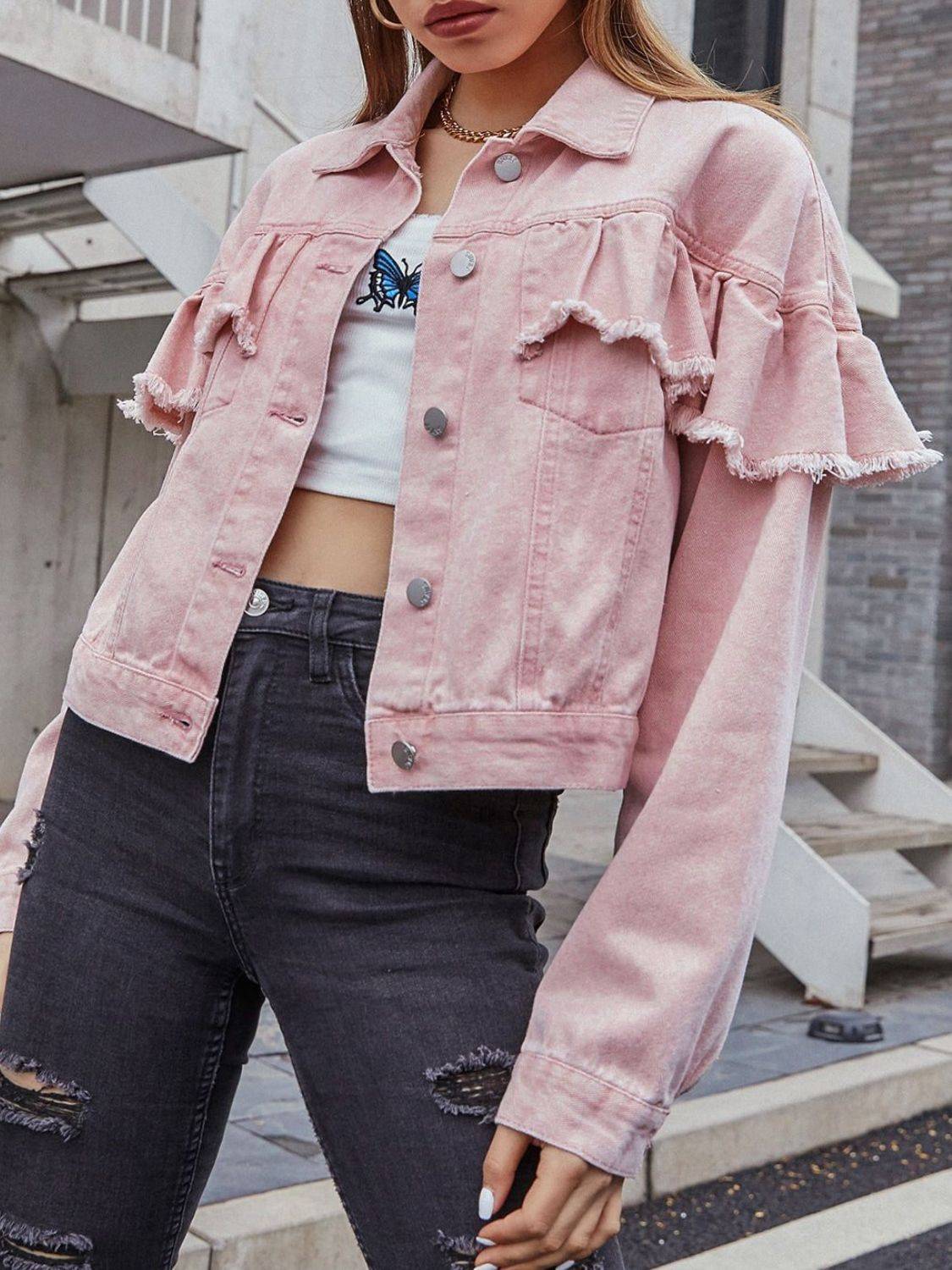 Stylish pink denim jacket with ruffled design