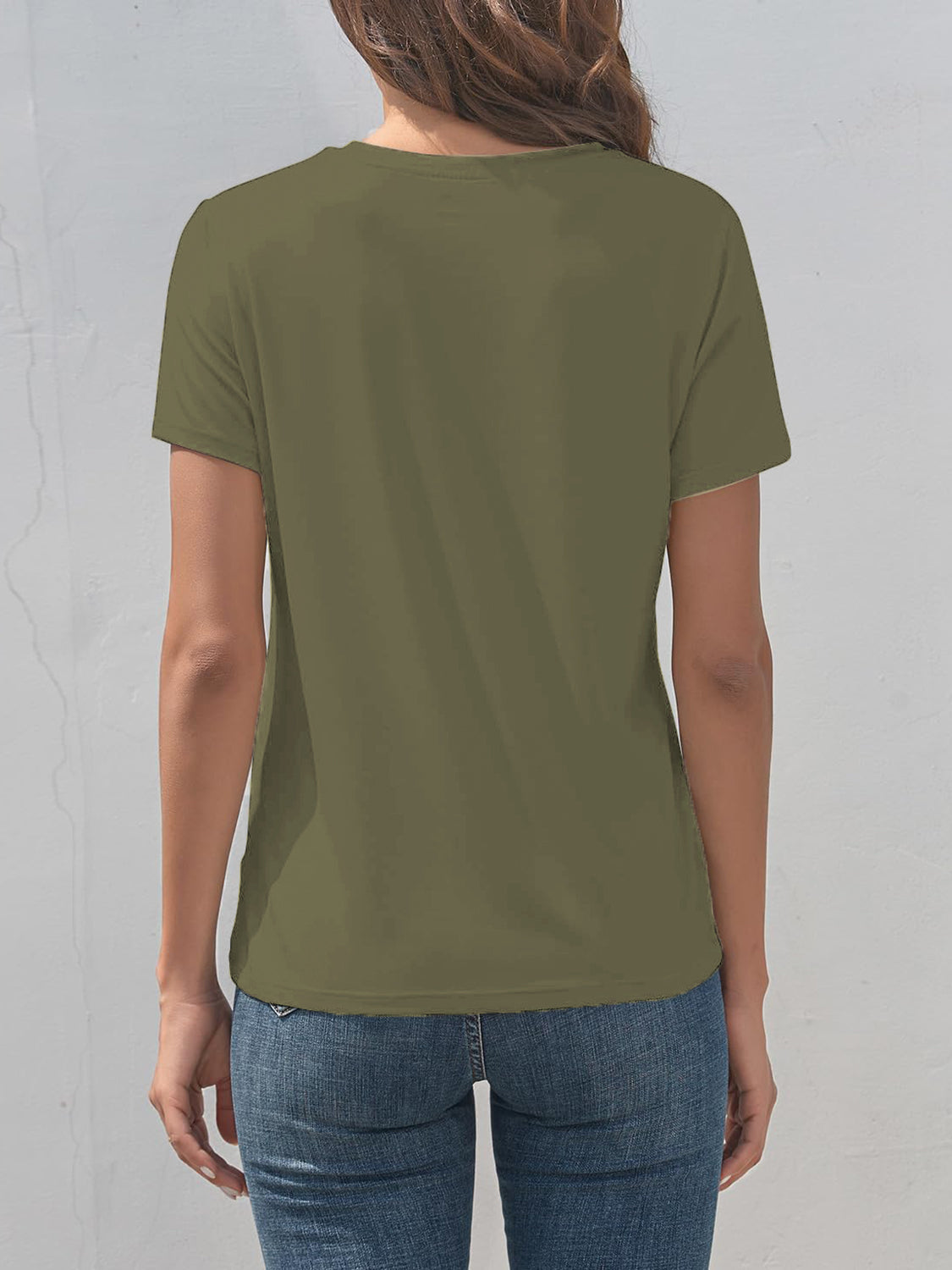 Back view of olive green round neck short sleeve T-shirt