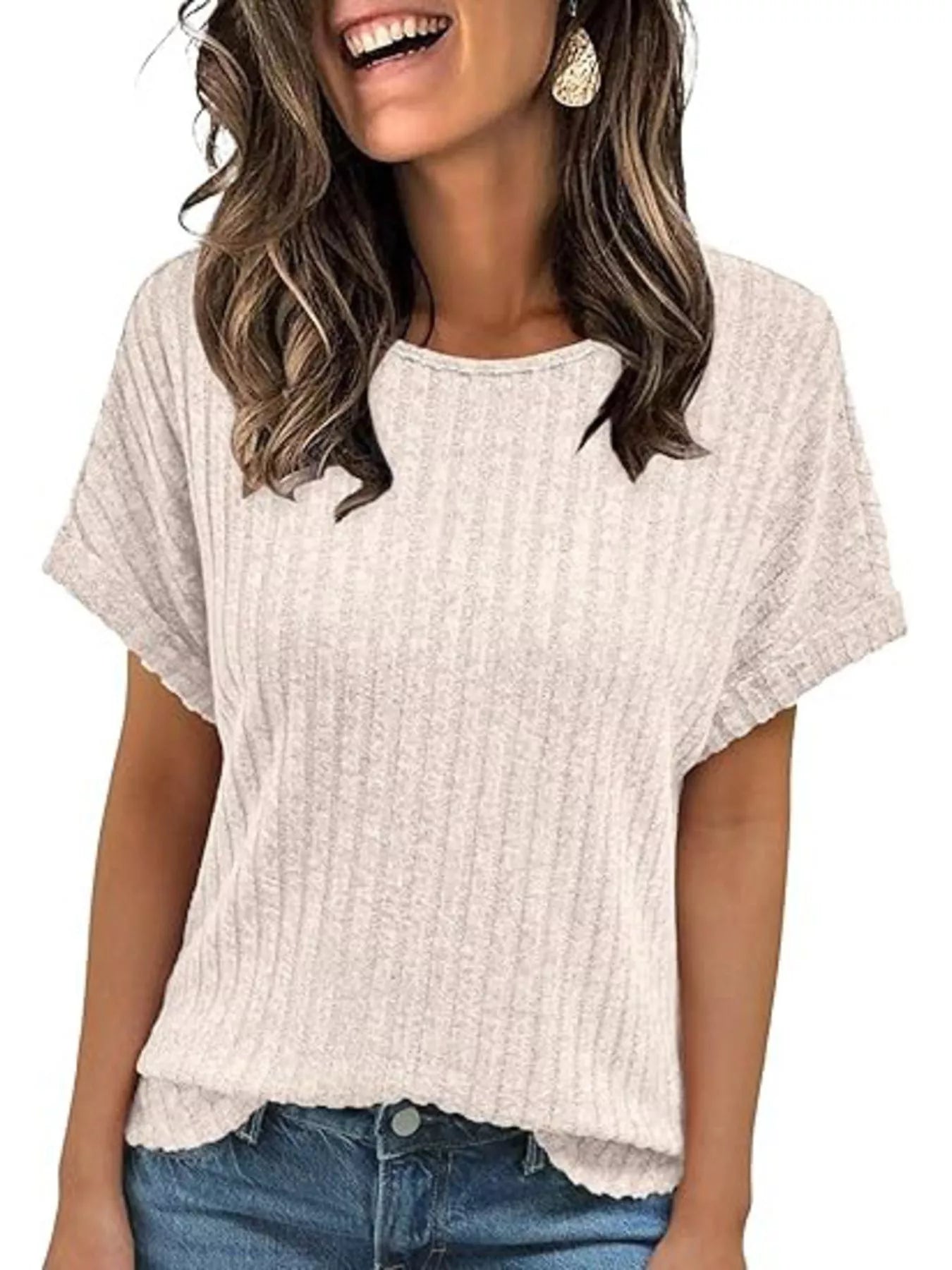 Casual Ribbed Knit Short Sleeve T-Shirt