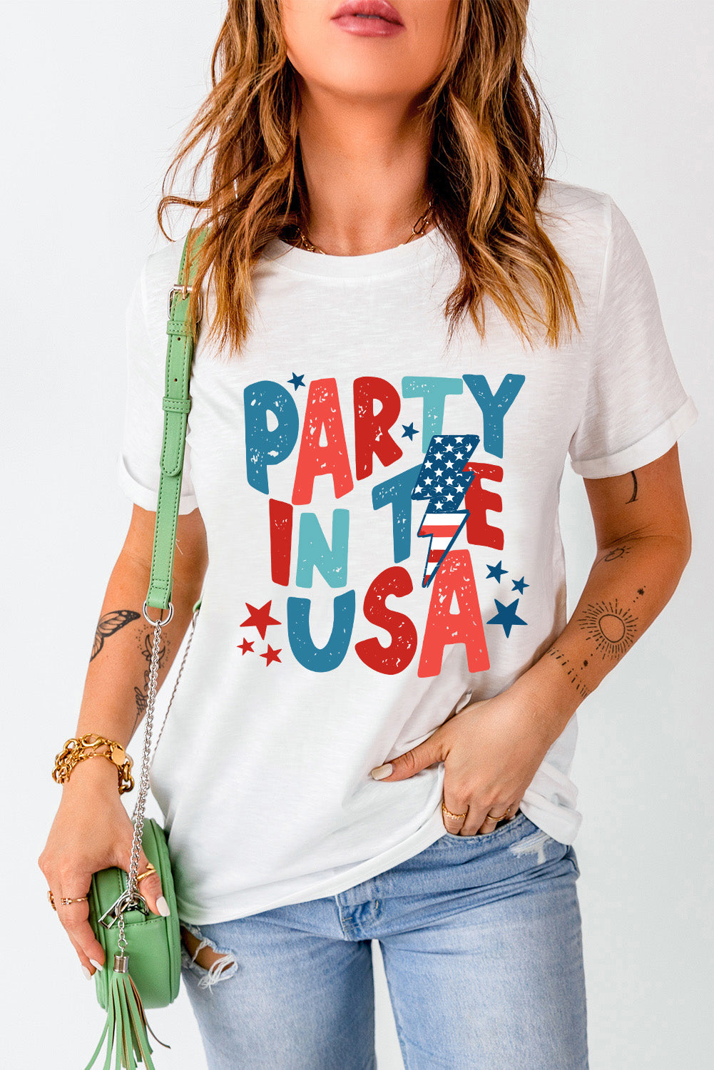 Party in the USA letter graphic round neck t-shirt front view
