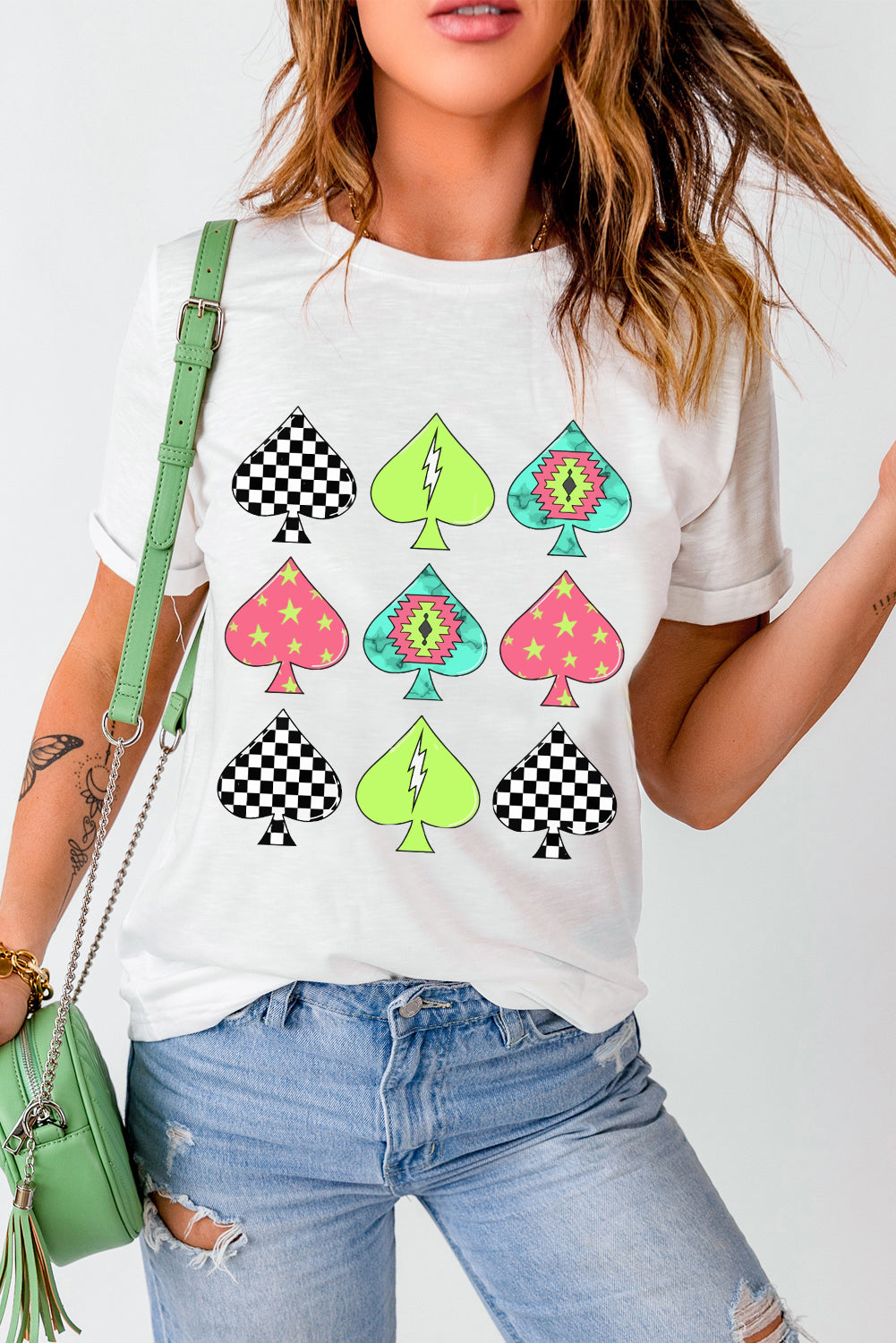 Colorful spade graphic T-shirt, round neck, short sleeves