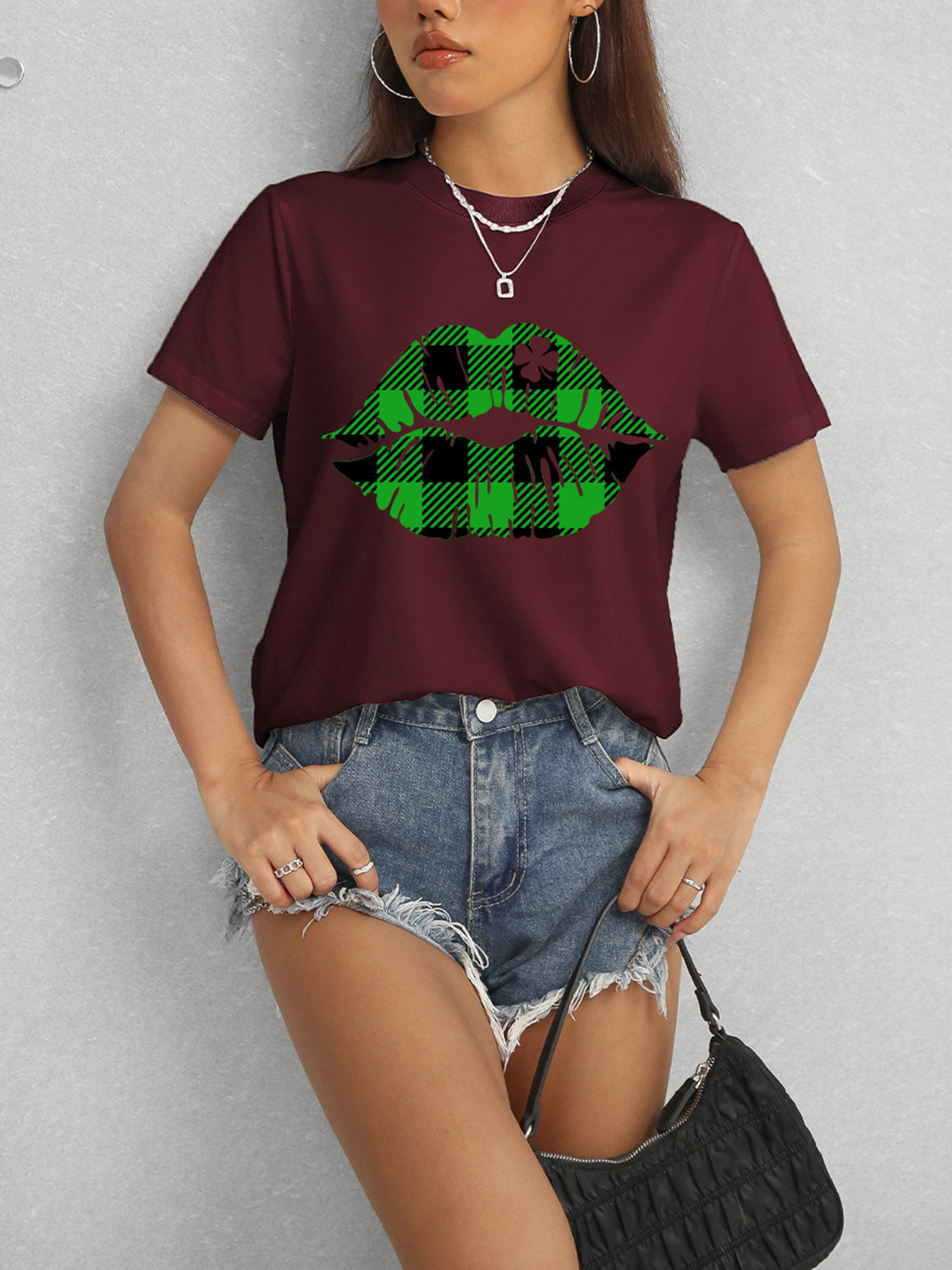 Burgundy plaid lip graphic t-shirt with denim shorts