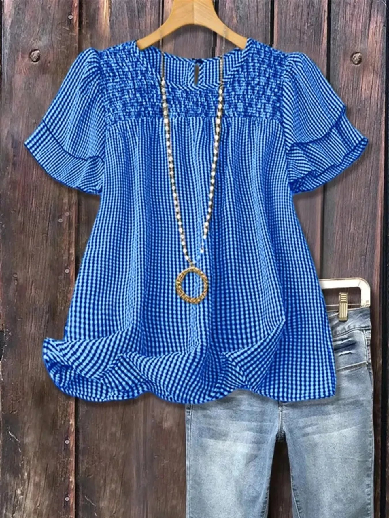 Full Size Gingham Smocked Ruffle Sleeve Blouse Plus Size
