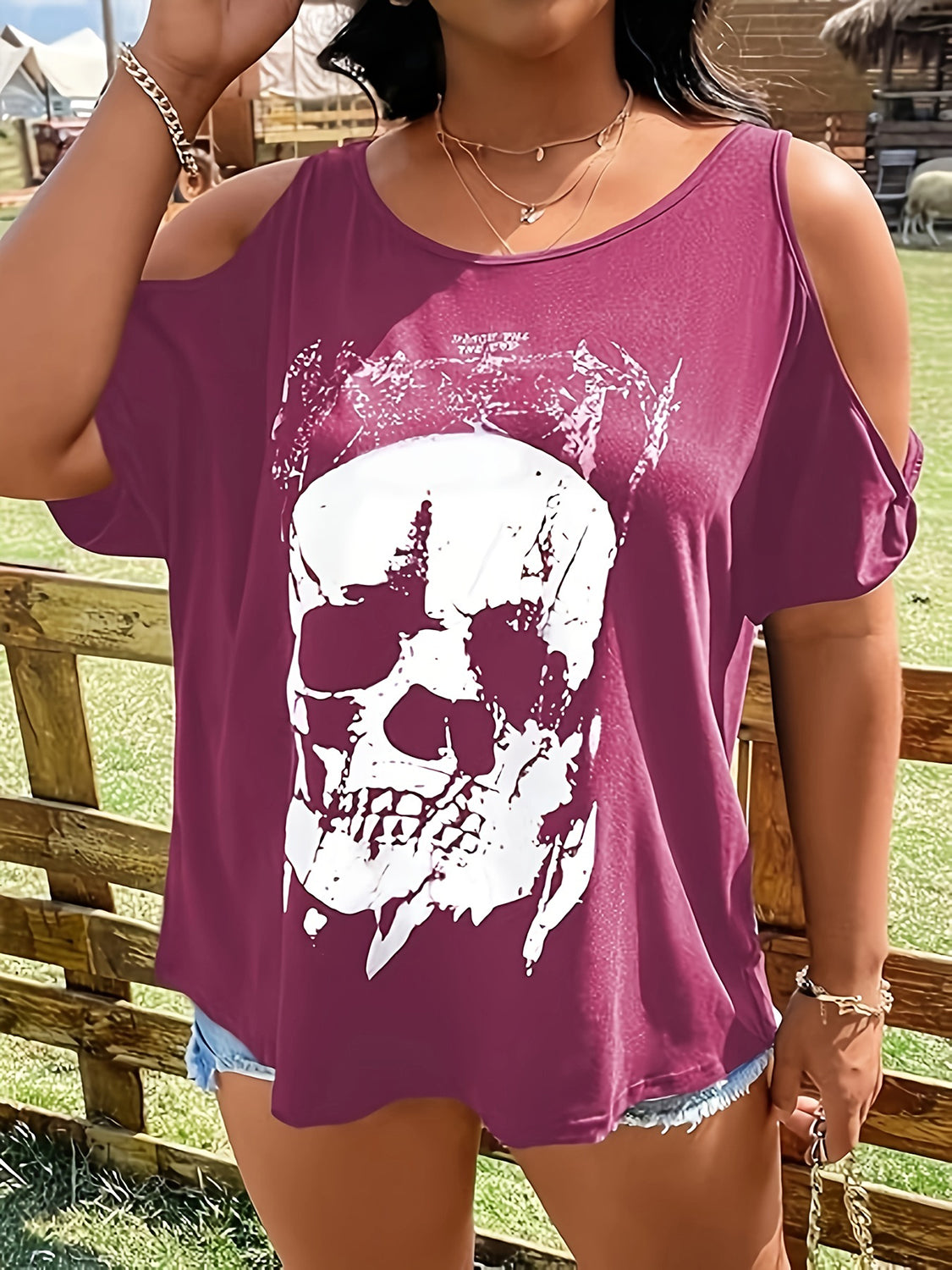Purple plus size skeleton graphic cold shoulder T-shirt