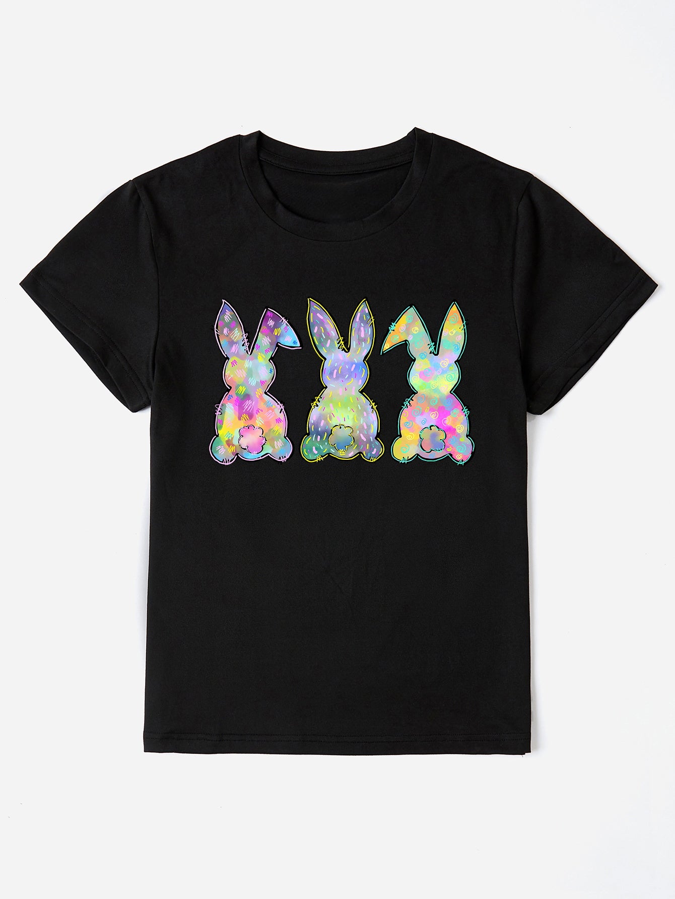 Black rabbit print round neck short sleeve t-shirt