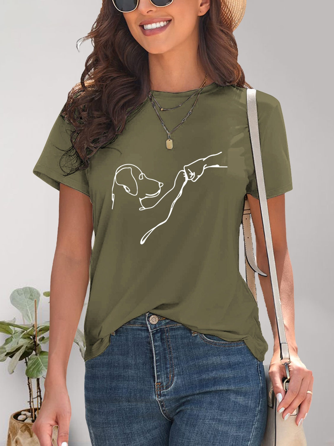 Olive dog graphic round neck t-shirt styled with accessories