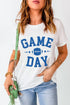 White GAME DAY T-shirt with blue print, round neck, short sleeves