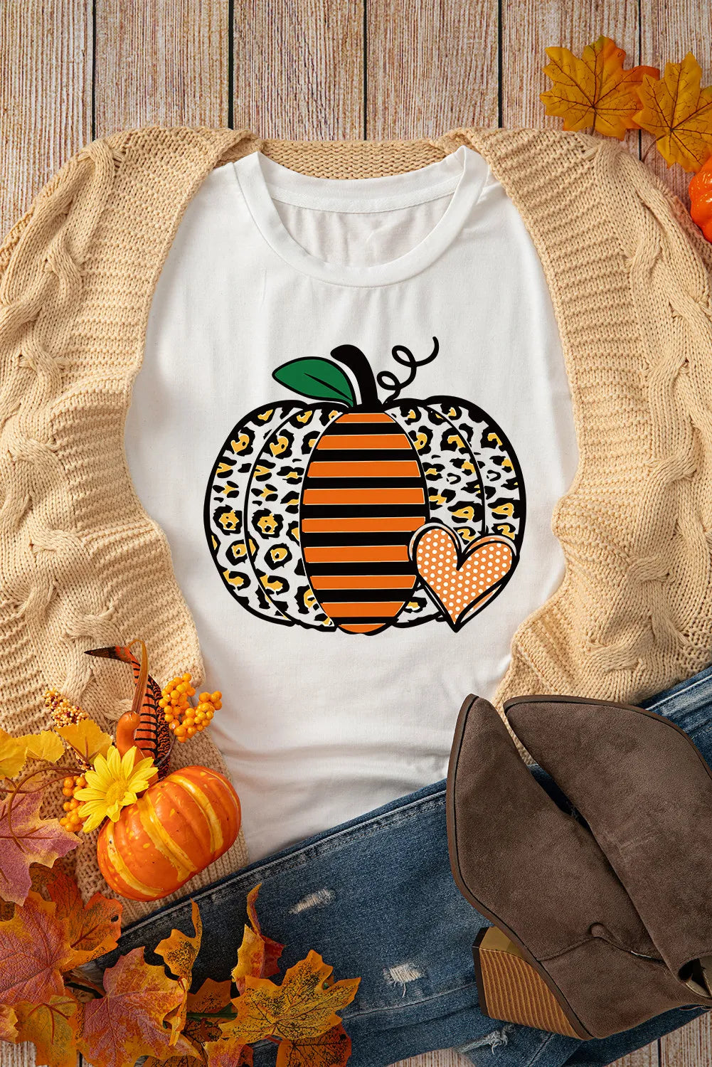 Pumpkin graphic T-shirt styled with fall accessories